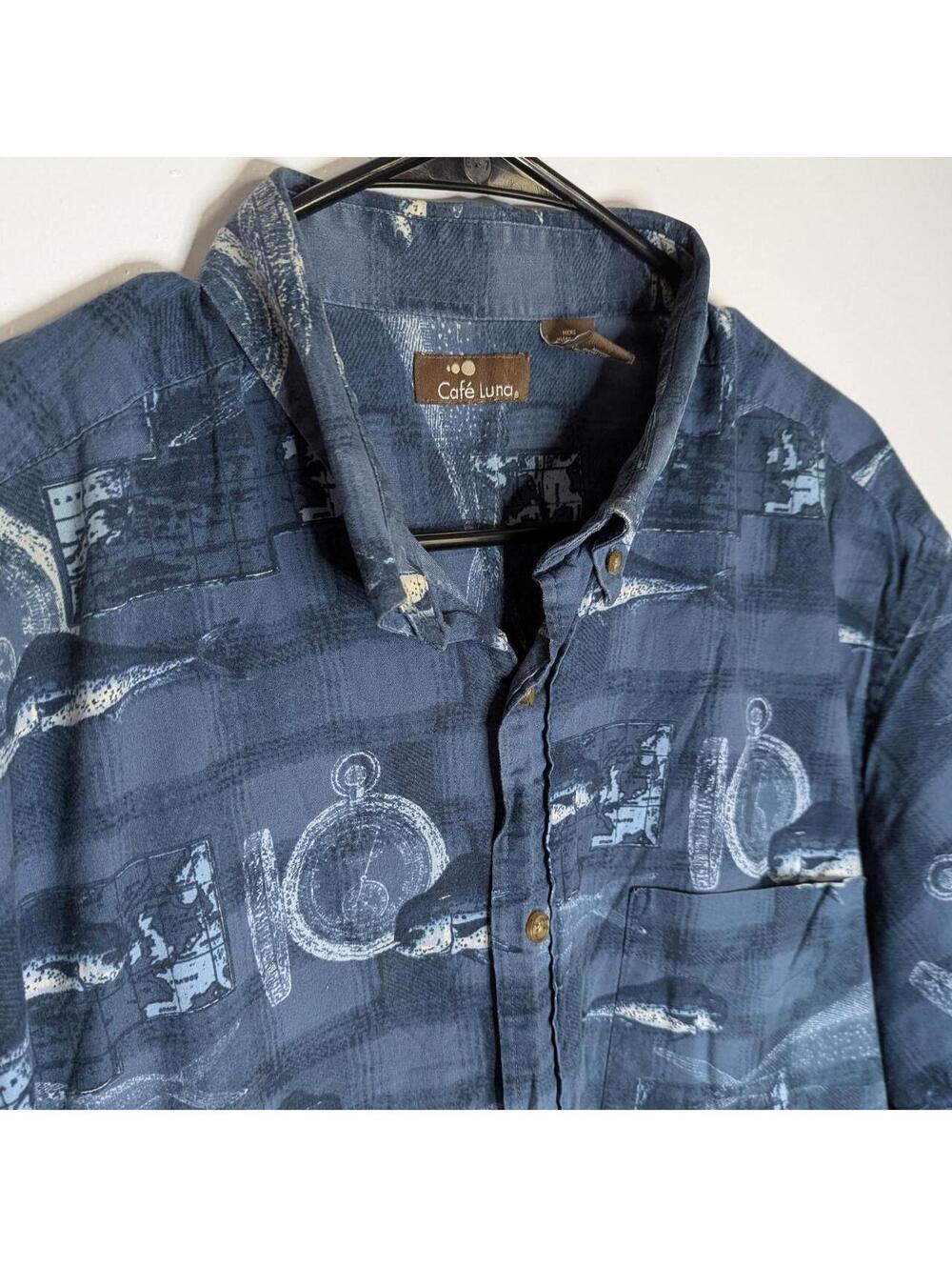 Café Luna Y2K Blue Novelty Print Button Up Shirt Men’s L 100% Cotton